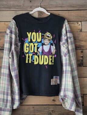 Upcycled YOU GOT IT DUDE! Black Graphic T-shirt With  Long Plaid Sleeves
